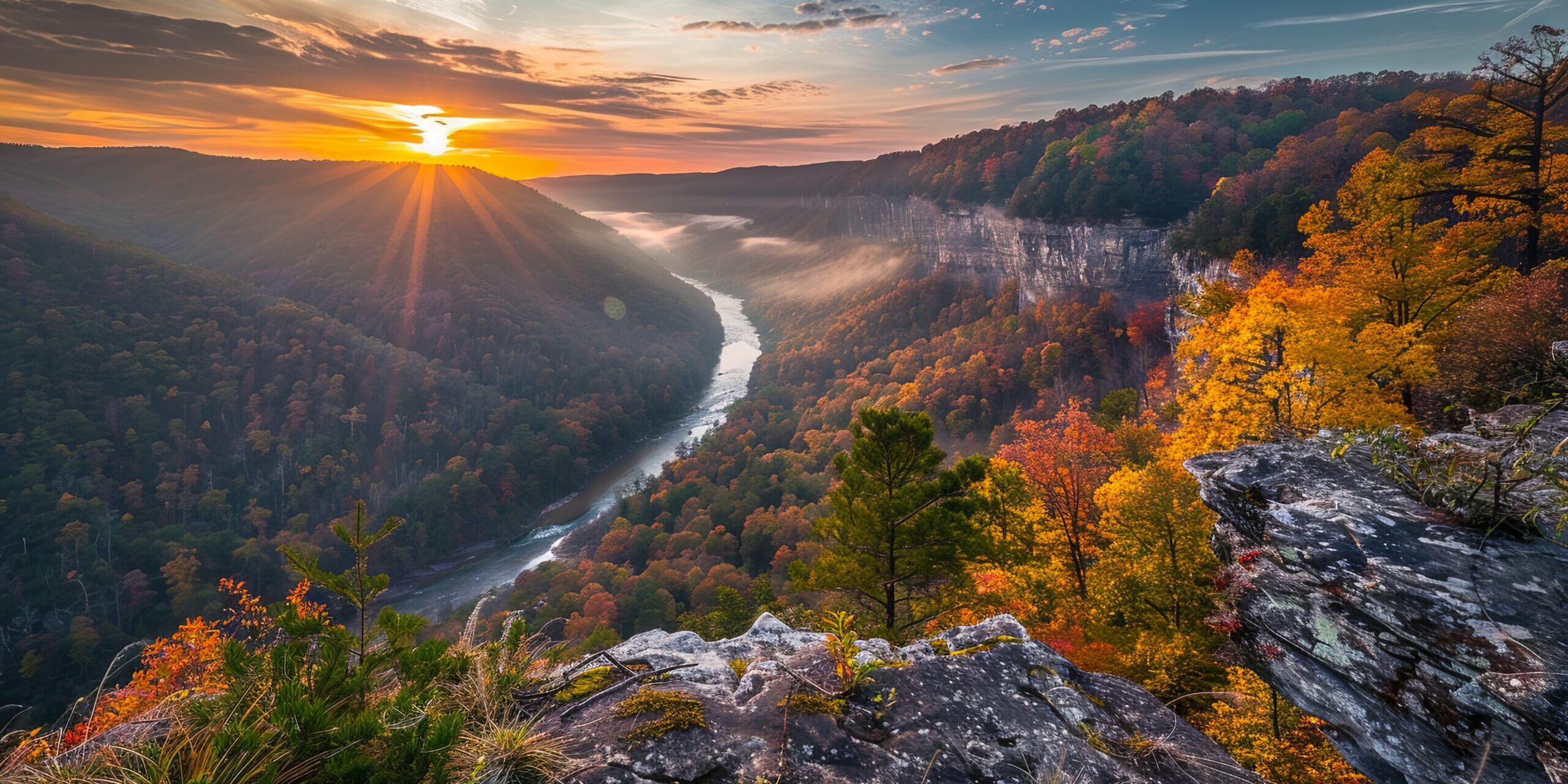 Amazing view of the New River Gorge in West Virginia, with the sun rising over the horizon and the autumn leaves turning the trees a vibrant orange and yellow.